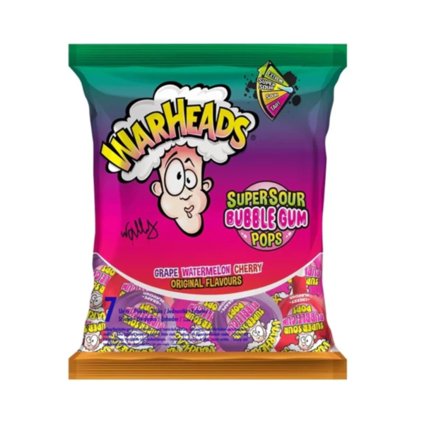 Warheads - Supersour Bubble Gum Pops - Grape Watermelon Cherry